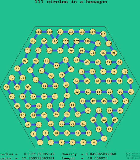 117 circles in a regular hexagon