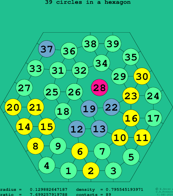 39 circles in a regular hexagon
