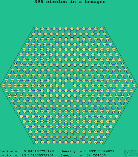 396 circles in a regular hexagon