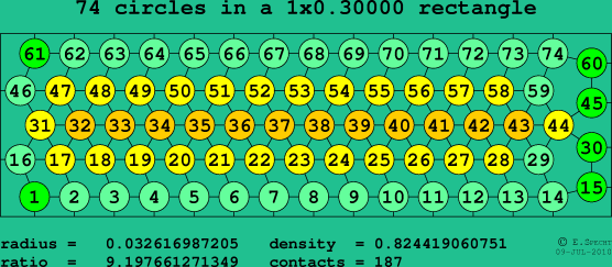 74 circles in a rectangle