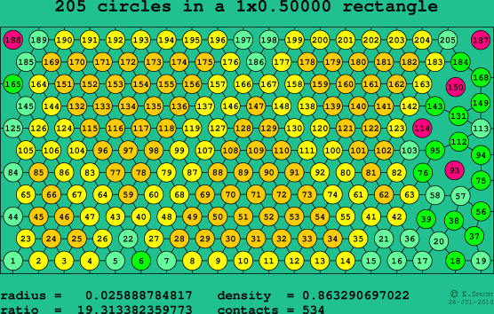 205 circles in a rectangle