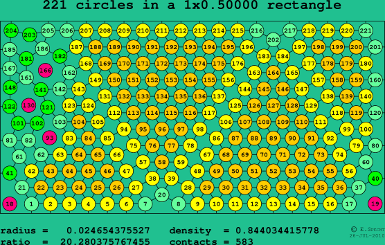 221 circles in a rectangle