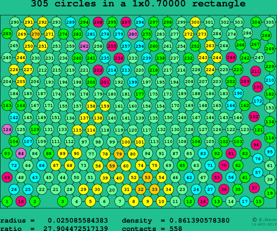 305 circles in a rectangle