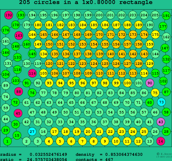 205 circles in a rectangle