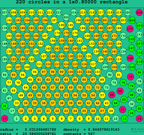 220 circles in a rectangle