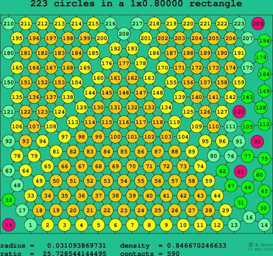 223 circles in a rectangle