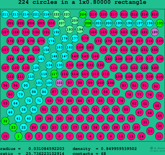 224 circles in a rectangle