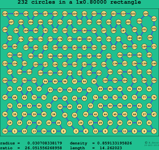 232 circles in a rectangle