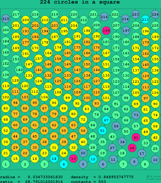 224 circles in a square