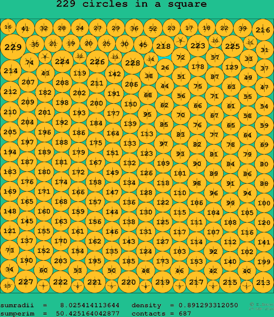 229 circles in a square