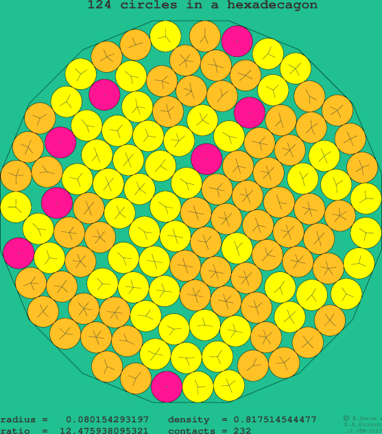 124 circles in a regular hexadecagon