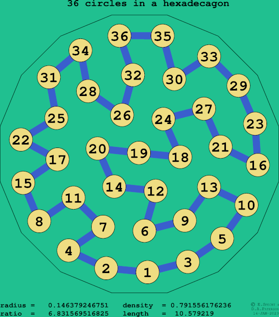 36 circles in a regular hexadecagon