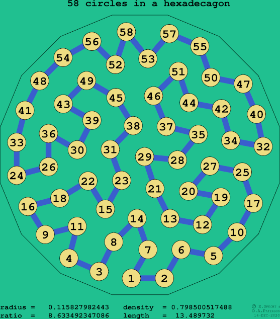 58 circles in a regular hexadecagon
