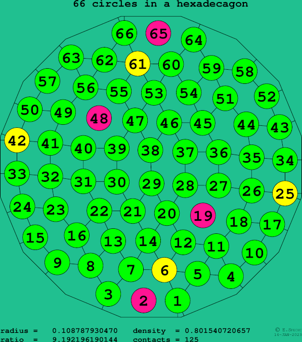 66 circles in a regular hexadecagon